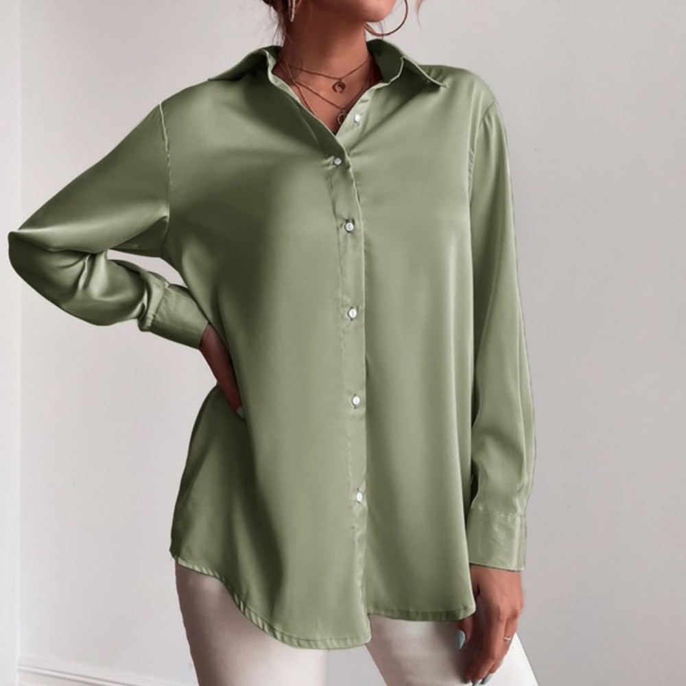 Satin mint Green silky button up Boyfriend Work - Picture 10 of 16